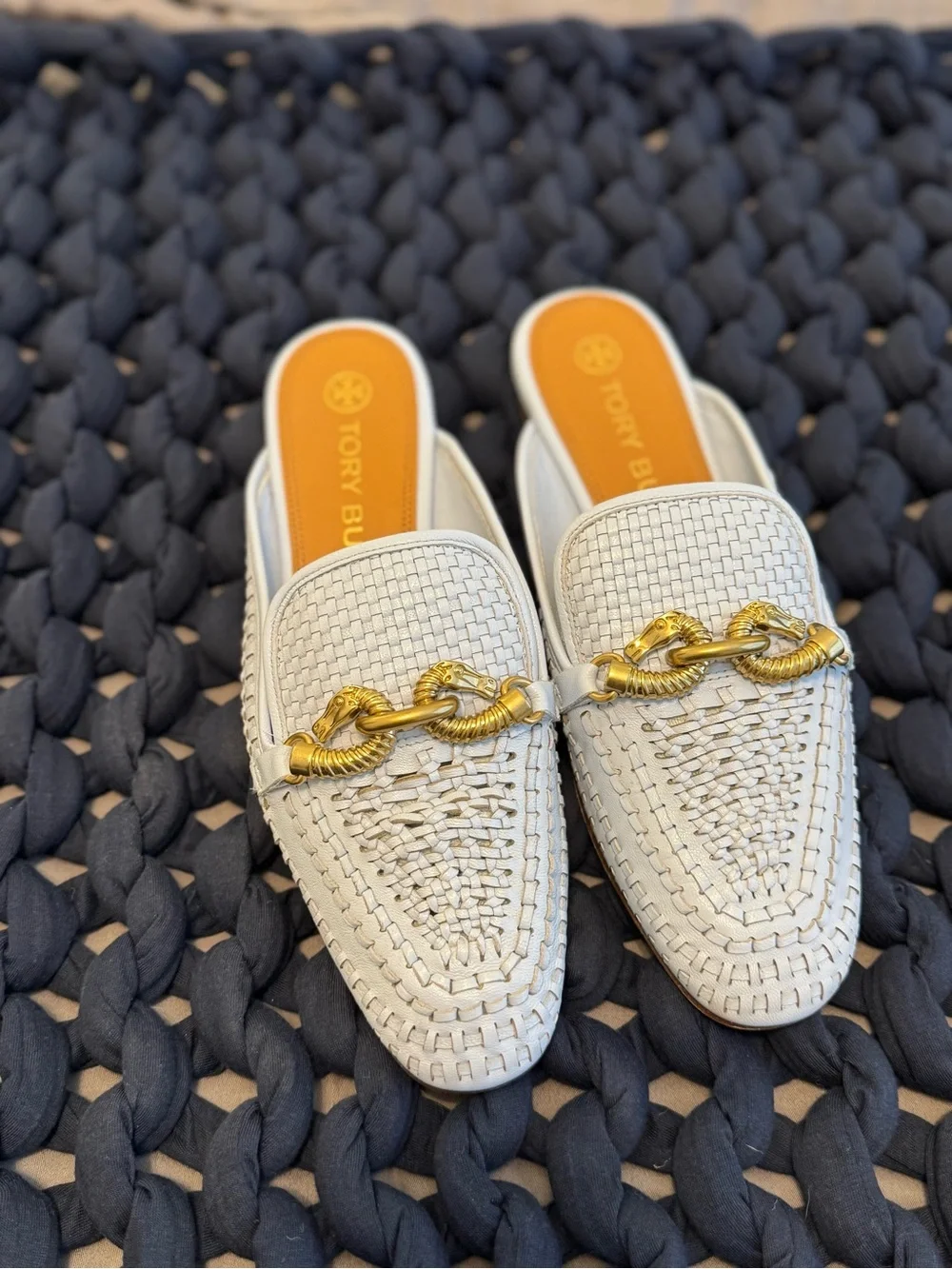 Tory Burch Sky Blue Woven Leather Backless Loafers with Gold Chain